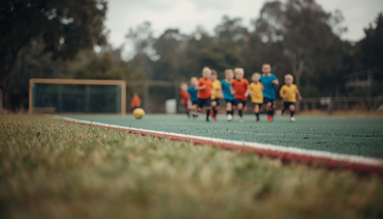 A parent watching from the sideline of a U7 match, attention on the children playing rather than on a phone, with a small-sided 4-a-side game in progress.