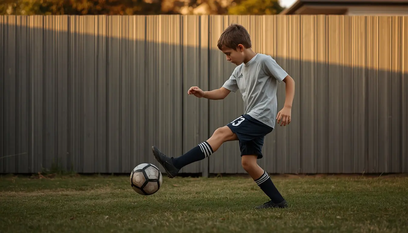 A child aged 8-10 in football kit running onto a suburban training pitch for the first time, slight nervousness in body language, other kids already warming up in the background.