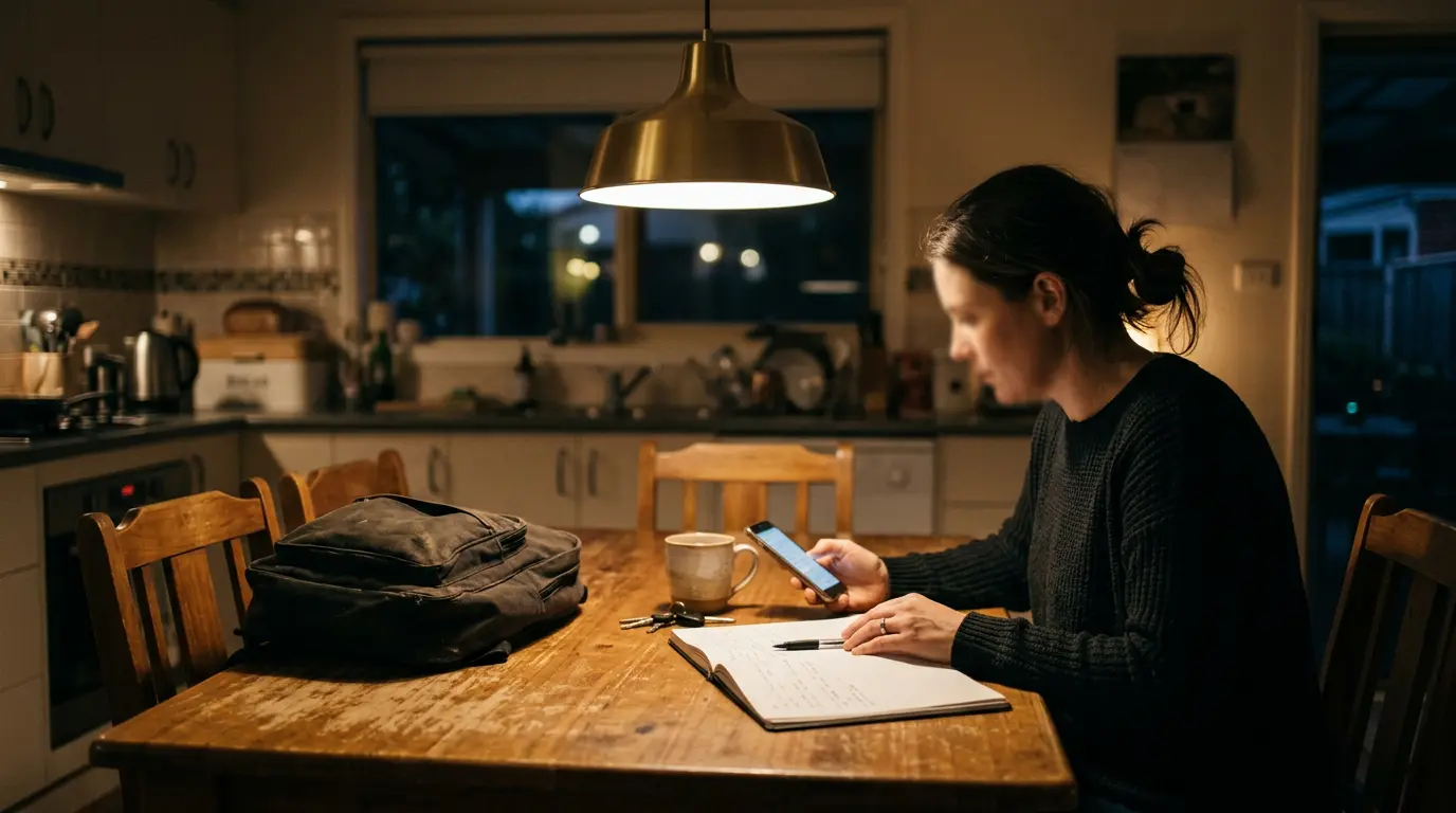 Parent at a kitchen table at night with a phone and a notepad, kid's school bag on the chair, evening lamp light.
