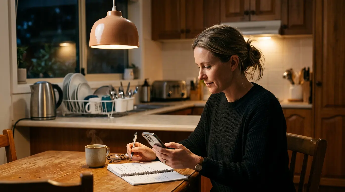 Parent at a kitchen table at night with a phone showing three open emails, soft lamp light, notebook beside the phone.