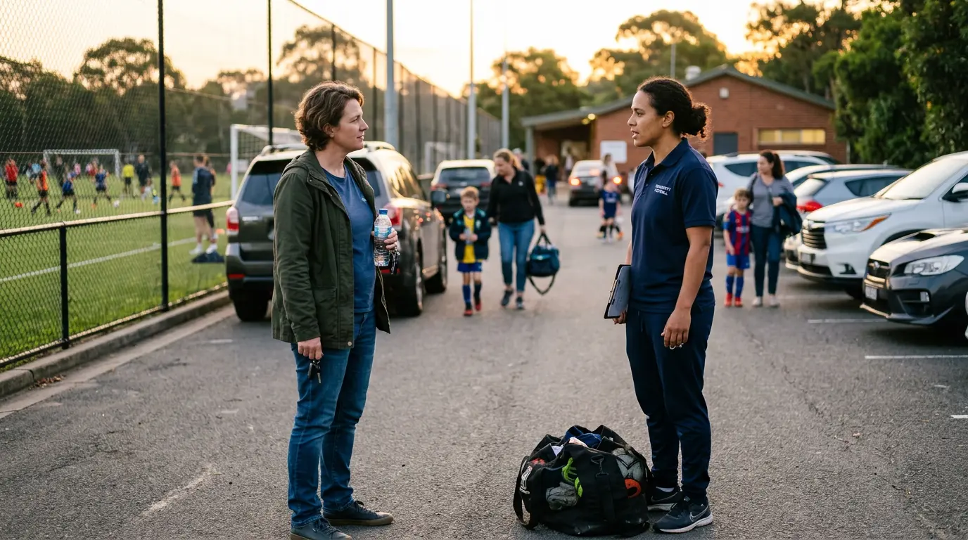 An Australian parent and a community football coach have a brief conversation in a car park beside a training pitch in early evening light. Both standing, kit bag at the coach's feet, parent listening attentively.