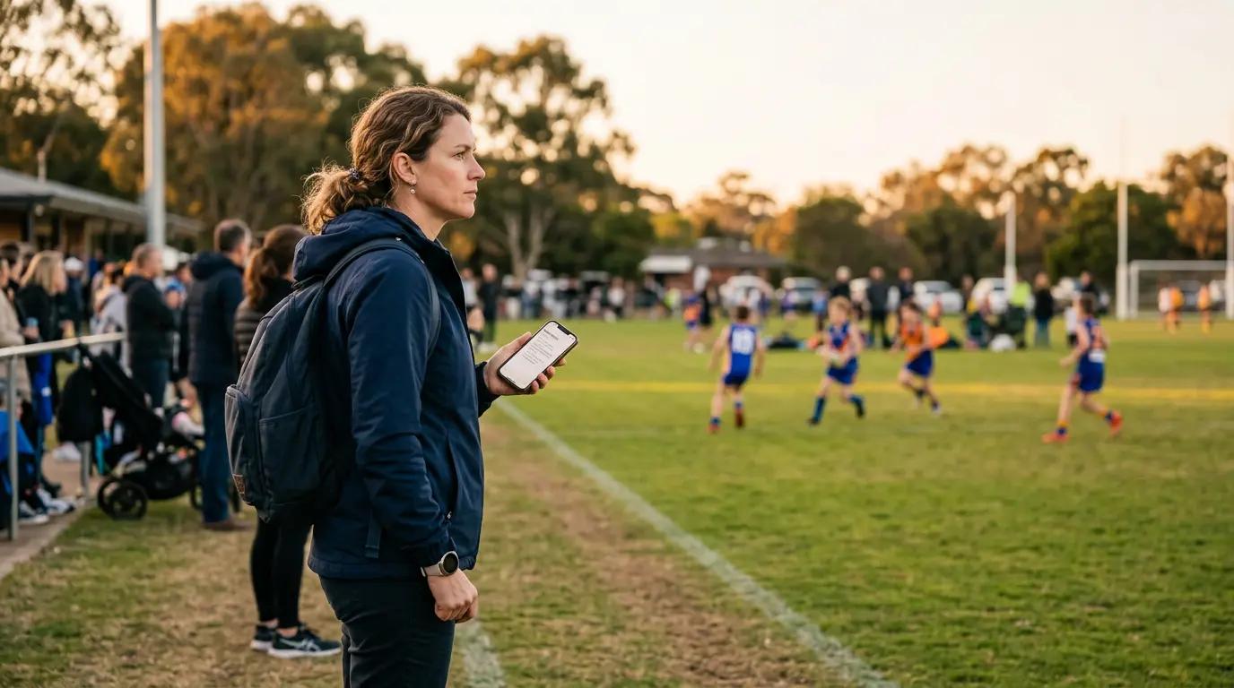 A parent on a sideline at a junior football game in the late afternoon, holding a phone with a notes app open, watching the field intently.