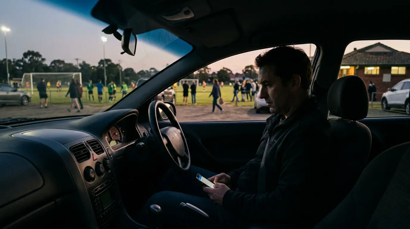 Parent in the driver seat of a parked car, looking at a phone, dashboard low light, suburban club car park visible through the windscreen.