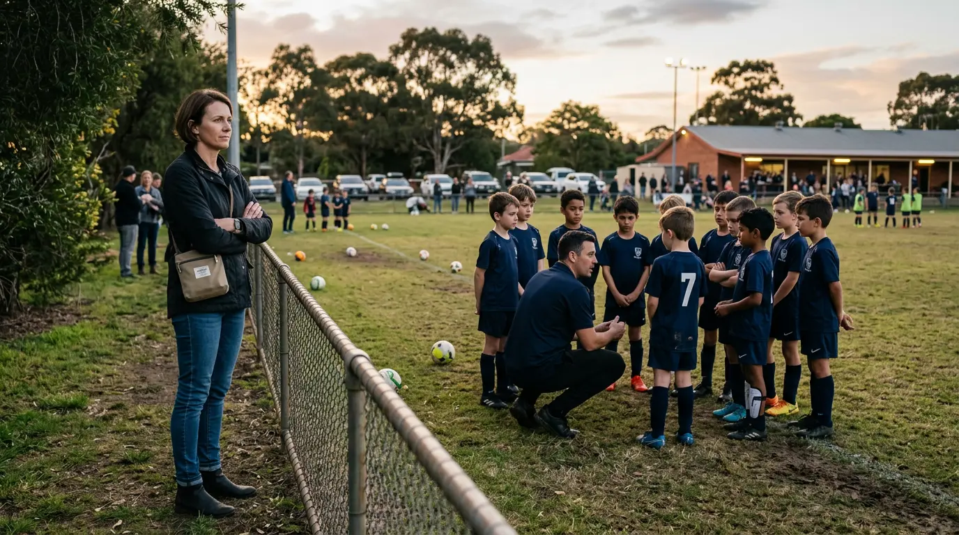 An Australian parent stands at the edge of a community football training pitch in early evening, watching a youth coach engage with a group of kids. The coach is talking to a single player while the others listen. The parent's expression is observing, considering.