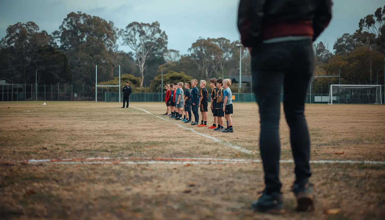 A junior football coach standing alone on the edge of training looking visibly out of his depth as players run drills behind him.