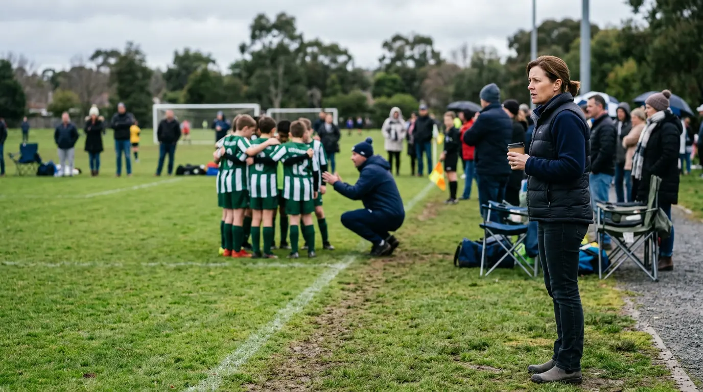 An Australian parent stands at the edge of a community football sideline, watching the team gathered around a coach in the centre of the field. The parent's expression is concerned, alert. The light is overcast Saturday morning.