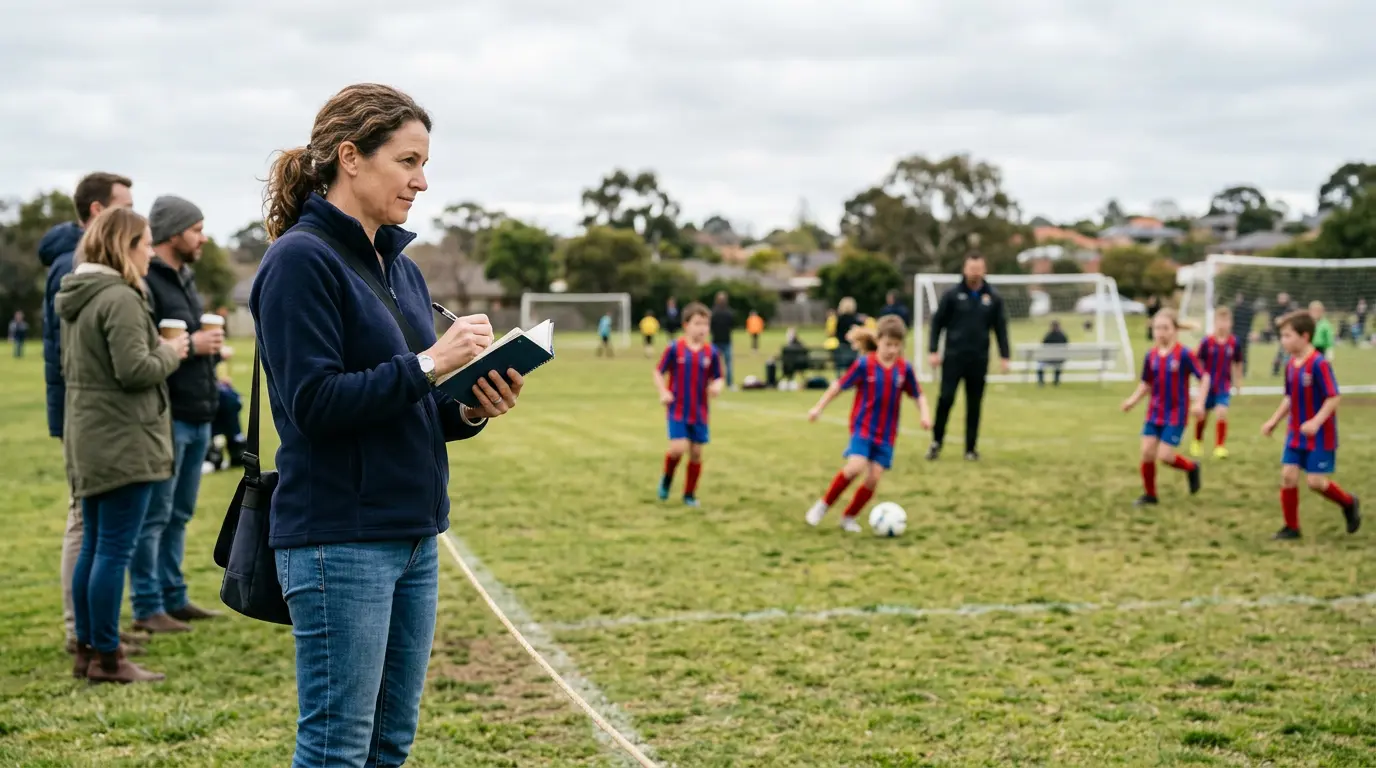 An Australian parent writes briefly in a small notebook at the edge of a community football sideline mid-game. The team is playing in the background. The expression is calm and observational, taking notes rather than reacting.