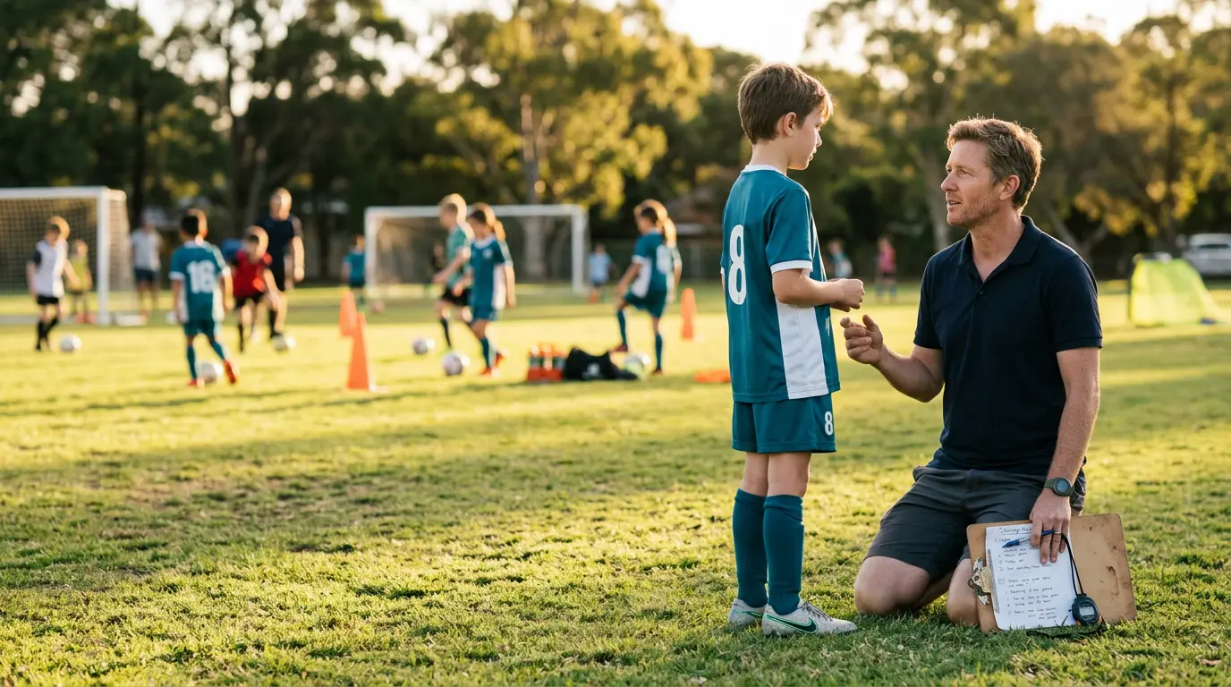 An Australian parent-coach kneels at the edge of a community football training pitch in late afternoon light, talking calmly to a young player on the team. Other kids are warming up in the background. The coach's posture is engaged and patient.