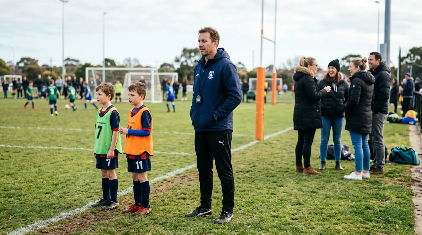 An Australian parent stands at the sideline of a community football match, slightly apart from a small group of other parents who are talking among themselves. The parent's expression is alert and aware, not isolated.