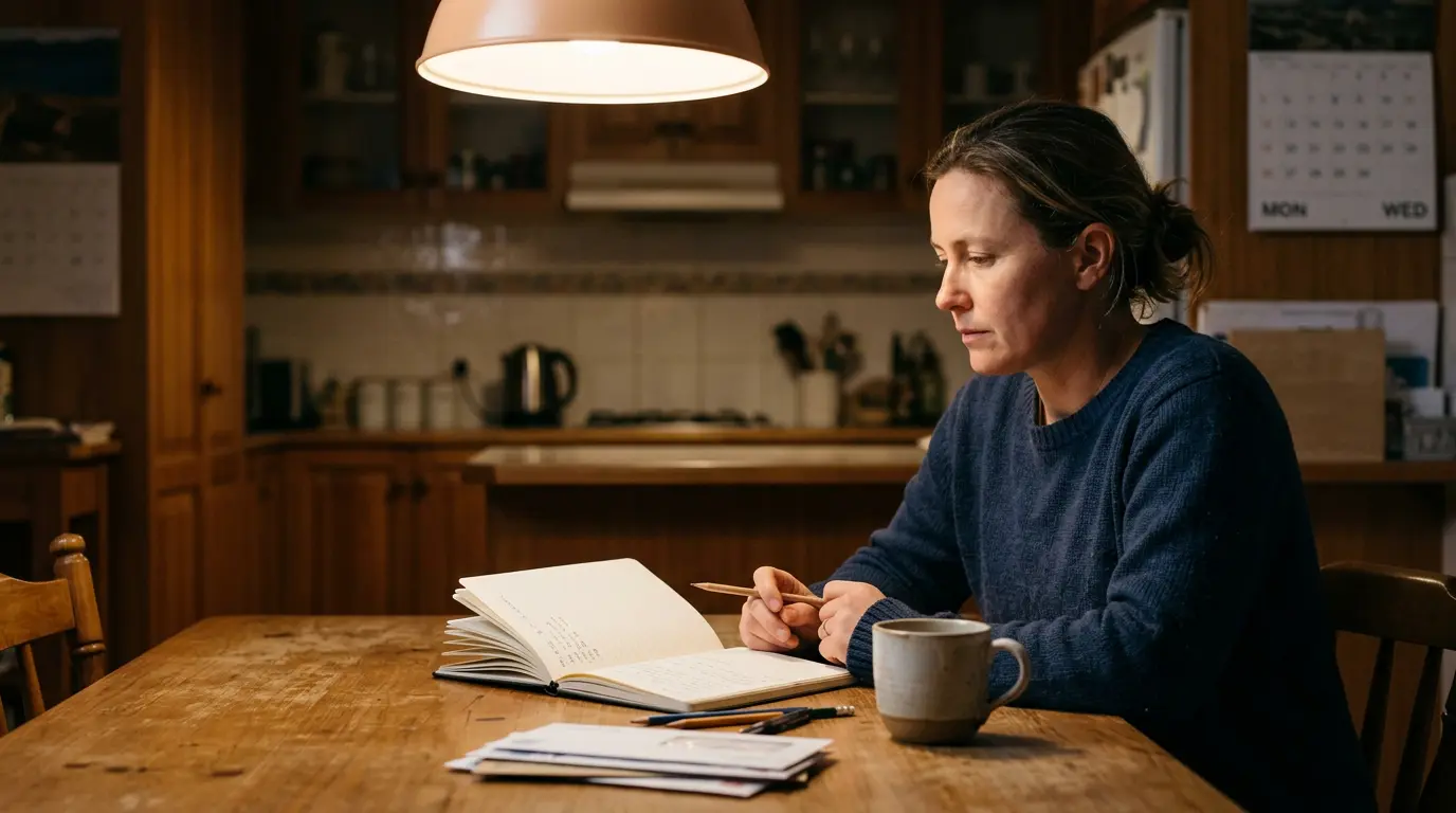 An Australian parent sits alone at a kitchen table on a Wednesday night, a notebook open in front of them, a cooling cup of tea. Their expression is thoughtful and weighing, neither angry nor resigned.