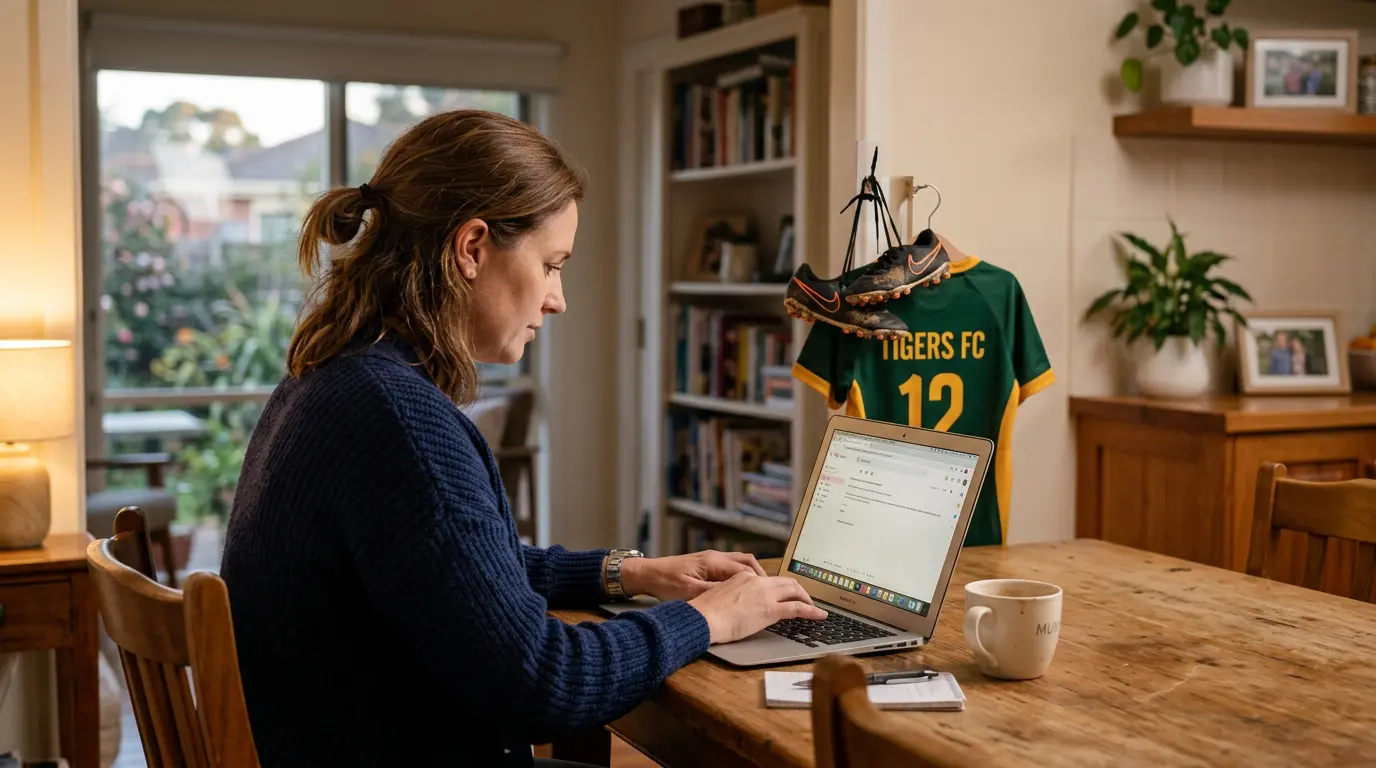 A parent at a kitchen table typing an email on a laptop in evening light, with a child's football boots on the floor in the background.