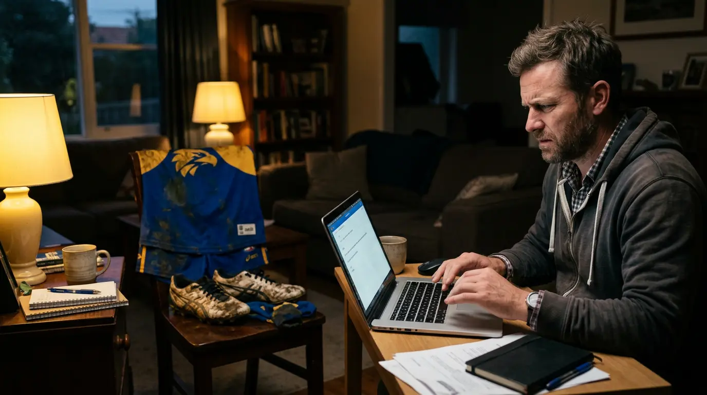 An Australian parent at a laptop on Sunday evening, the screen showing a half-written email, the room dim and the expression frustrated. A muddy football kit visible on a chair, suggesting the game finished hours ago.