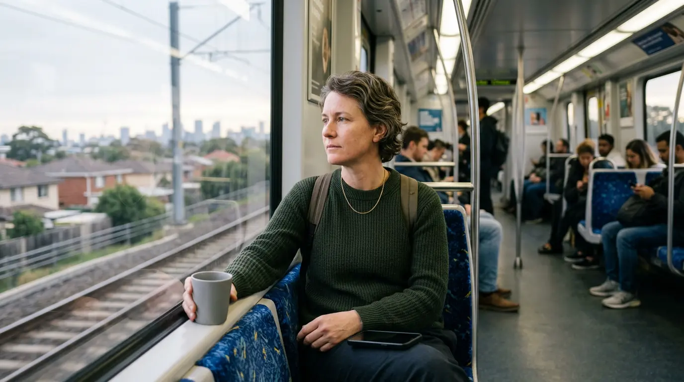 An Australian parent on a morning train commute, looking thoughtfully out the window, a phone face-down on their lap. The light is the soft pre-work commuter light. Their expression is steady, not in crisis.