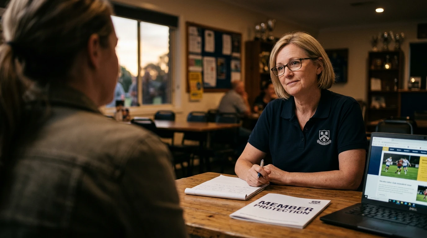 An Australian volunteer Member Protection Information Officer sits at a desk in a community football clubhouse during the evening, listening calmly as a parent describes a concern. A laptop and a printed Member Protection booklet are visible on the desk.