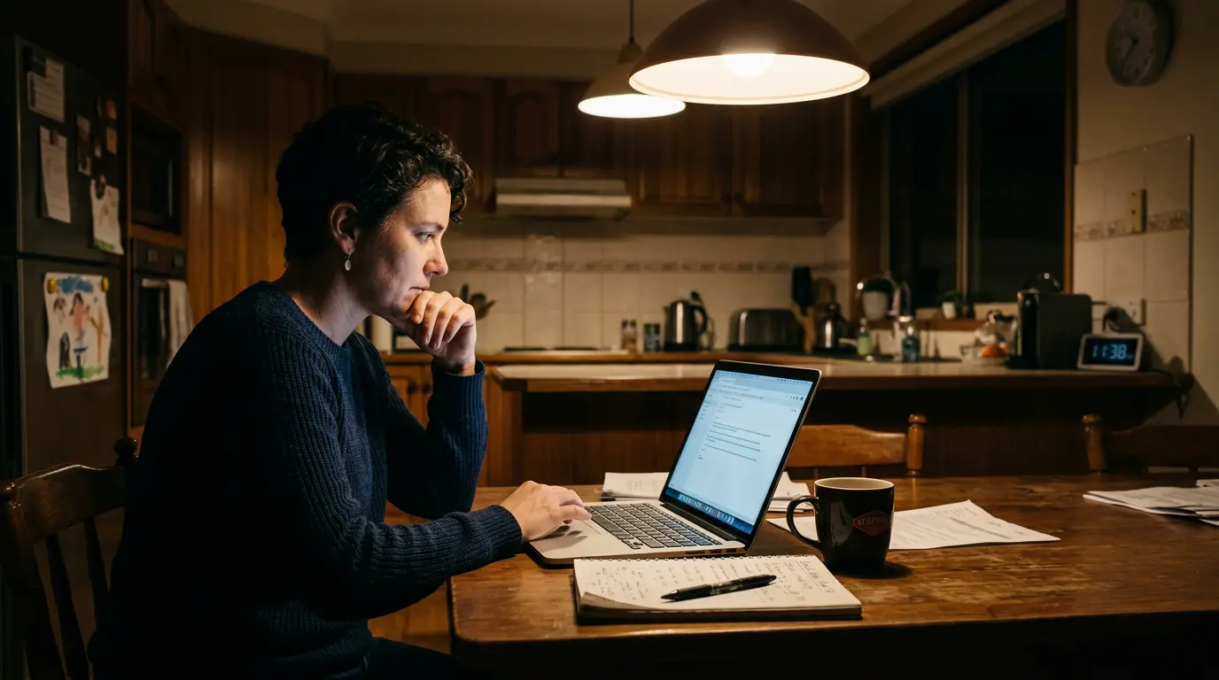 An Australian parent sits at a kitchen table at night, laptop open with a half-written email on screen, a notebook with handwritten notes beside the laptop, a cup of tea, and a quiet domestic background. The expression is tired but determined.