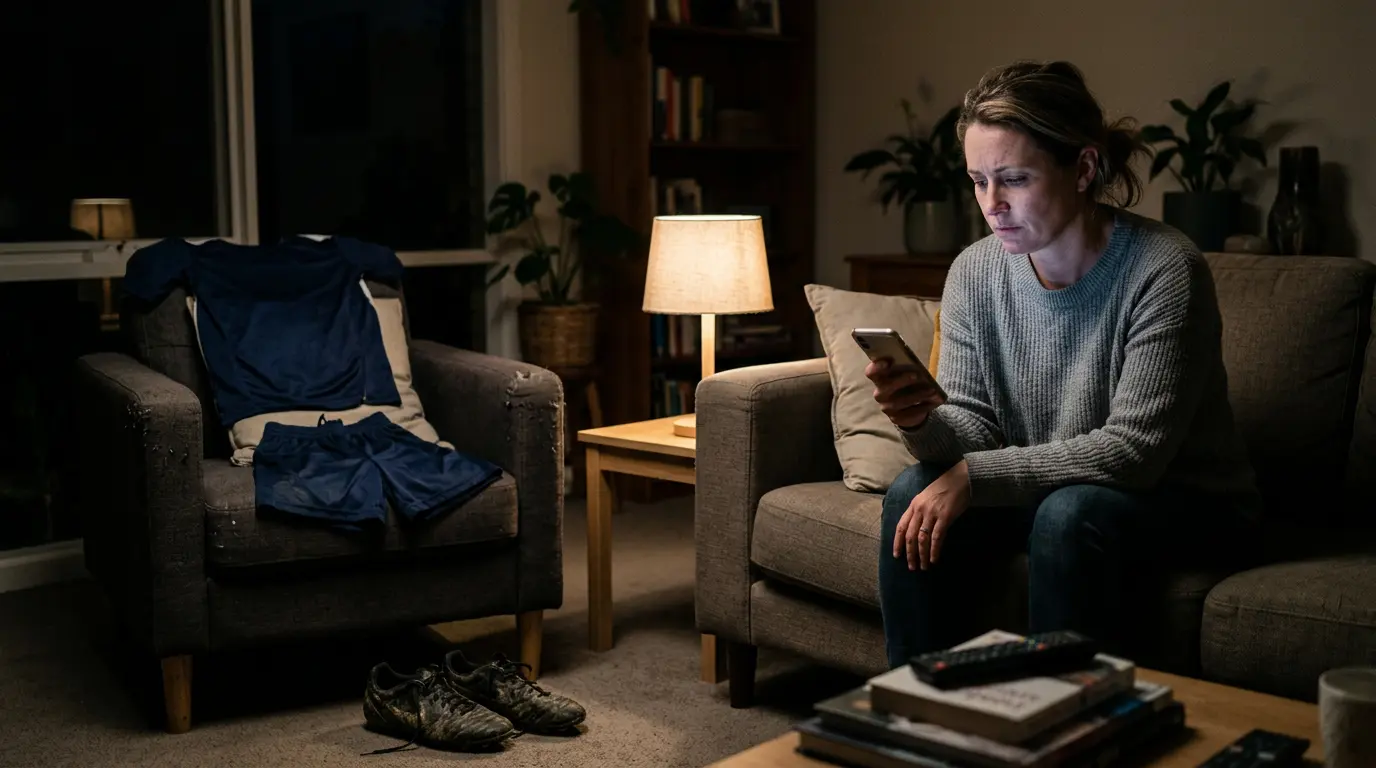 An Australian parent sits in a dimly lit lounge room at night holding a phone, the screen showing a half-written email. Their expression is frustrated but resigned. A football kit and boots sit on a chair nearby.