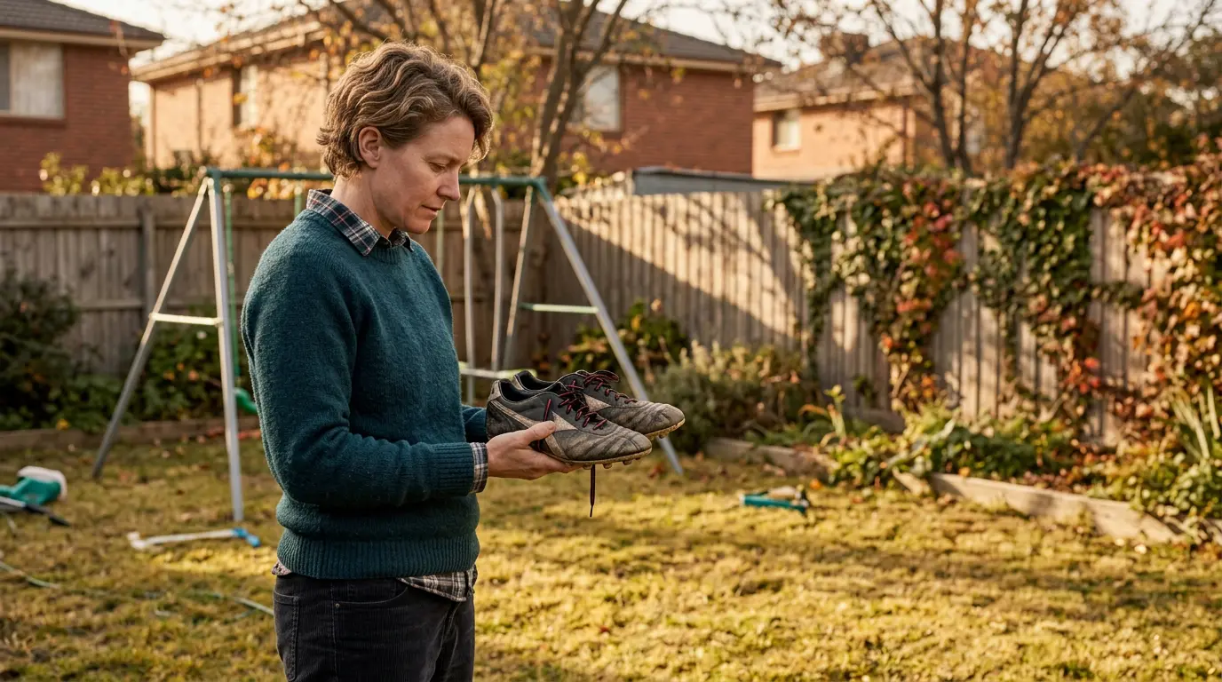 An Australian parent stands in a back garden in autumn light, holding their child's football boots, looking thoughtfully at them. The boots are old, worn, the laces still tied. The garden is quiet and ordinary.