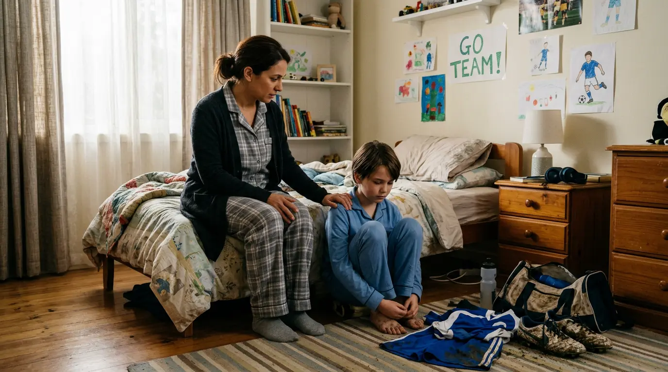 An Australian parent sits with their young child on the edge of a bed, both quiet, the football kit on the floor unworn. The light is the soft window light of a Saturday morning that should have been a game day.