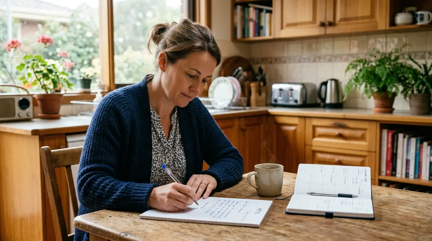 An Australian parent at a kitchen table writing a short letter by hand. The kitchen is warm, lit by morning light. A cup of tea and a planner are beside the page. The parent's expression is calm and deliberate.