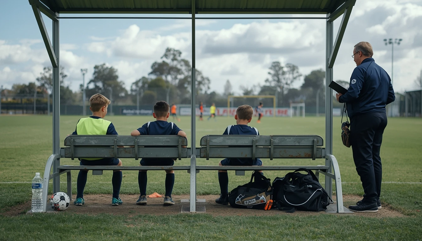 An Australian boy in unbranded navy football kit and a fluoro yellow bib sits at one end of a junior football team's bench during a daytime match, with two team-mates further along, while the coach and team manager stand watching the game in front of them.