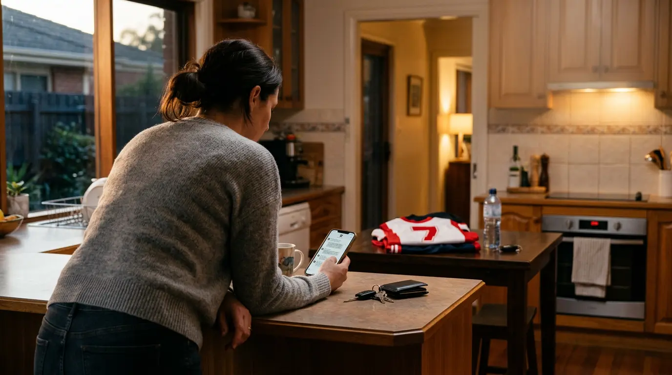 A parent leaning on a kitchen bench in evening light, looking at a phone showing a team chat, a folded football kit on the table behind.