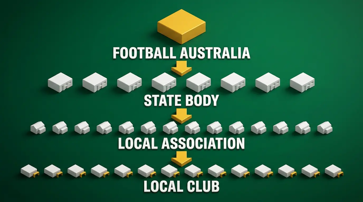 Stylised isometric diagram showing four stacked levels of Australian football governance, from local club at the bottom up to Football Australia at the top, with no real people