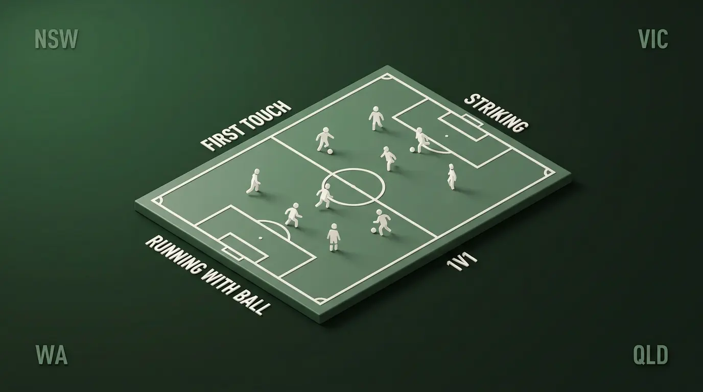 Stylised isometric illustration of a small football pitch with abstract figures showing the four core SAP skills, with state body name labels arranged around the edge