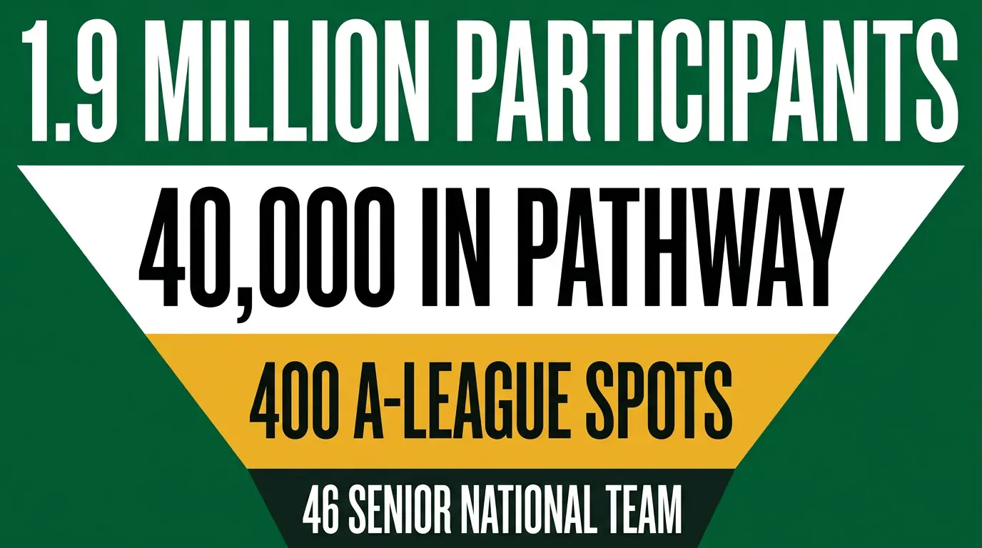 Editorial poster showing the narrowing football pathway funnel from 1.9 million Australian participants down to 46 senior national team spots.