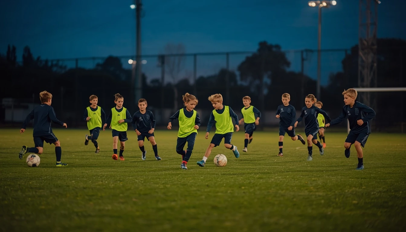 A group of children around U10 age training together on a grass football pitch in the late afternoon.