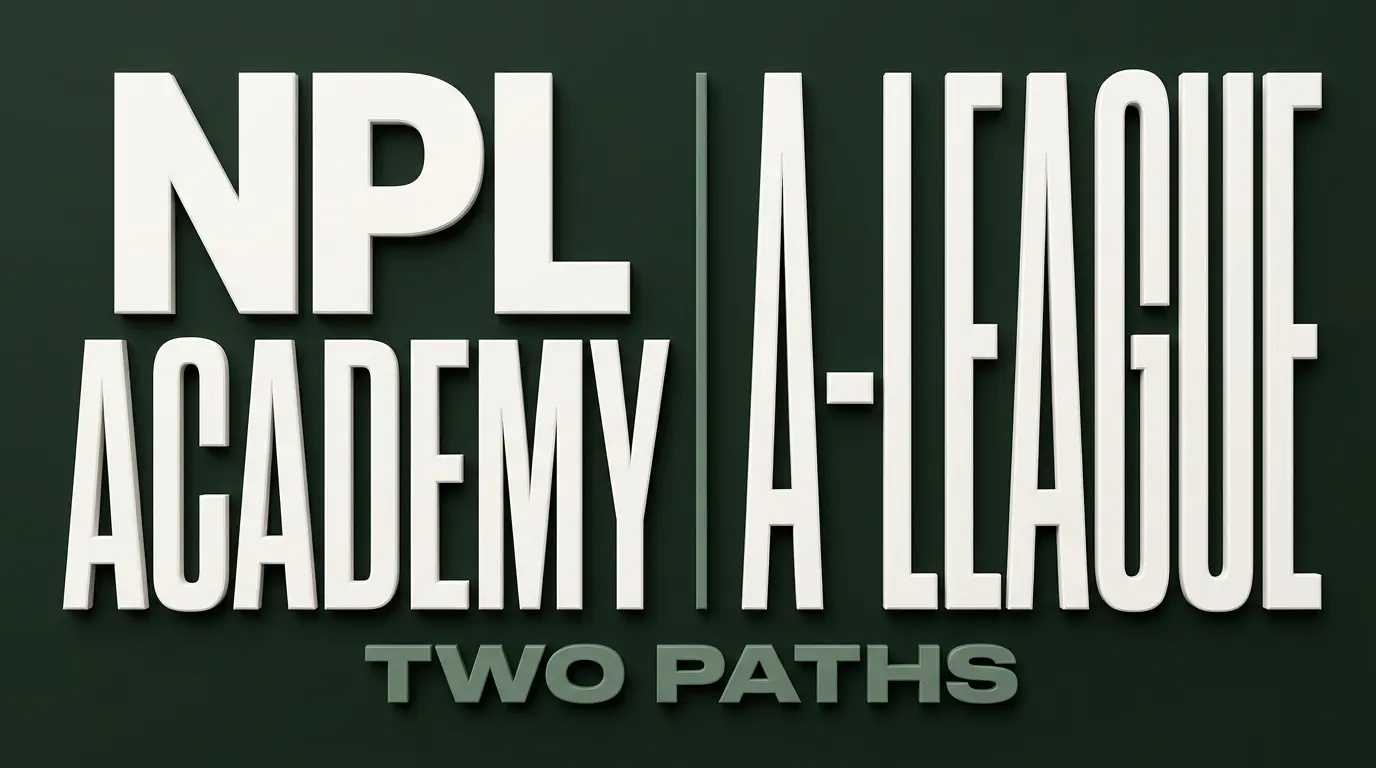Bold typographic poster comparing NPL Junior pathway and A-League academy pathway in Australian football