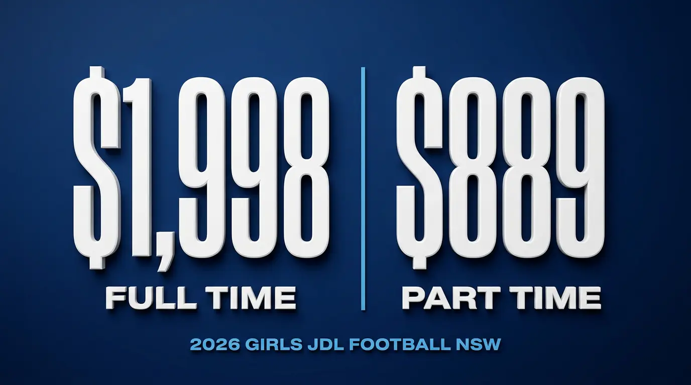 FNSW 2026 fee comparison showing Full Time Girls JDL at 1,998 dollars and Part Time Girls JDL at 889 dollars side by side.