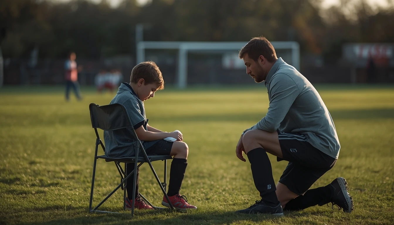 A child sits on the sideline holding an ice pack to their knee while a parent attends to them.