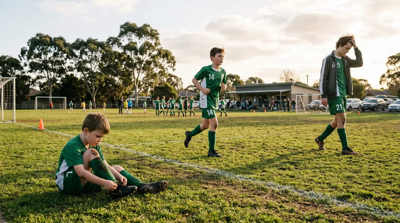 Three children of different ages (about 7, 11, and 14) at a community football training, each at a visibly different developmental stage: a younger child tying boots at the sideline, a mid-childhood player jogging to a drill, and an older adolescent walking off the pitch alone.