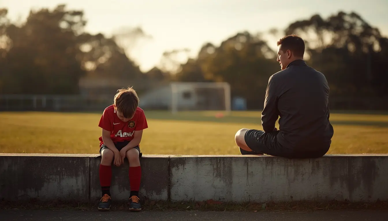 A child aged about 9 mid-meltdown on the sideline of a community football pitch after making a mistake, head in hands, a teammate looking on.