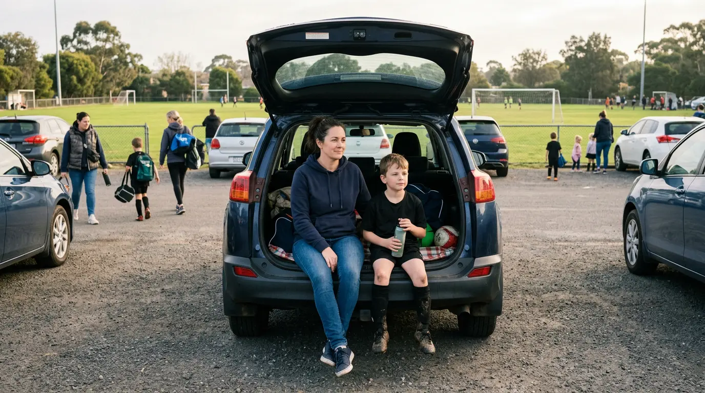 A parent and a child in football kit sit calmly on the boot of a car in a suburban football car park before kick-off.