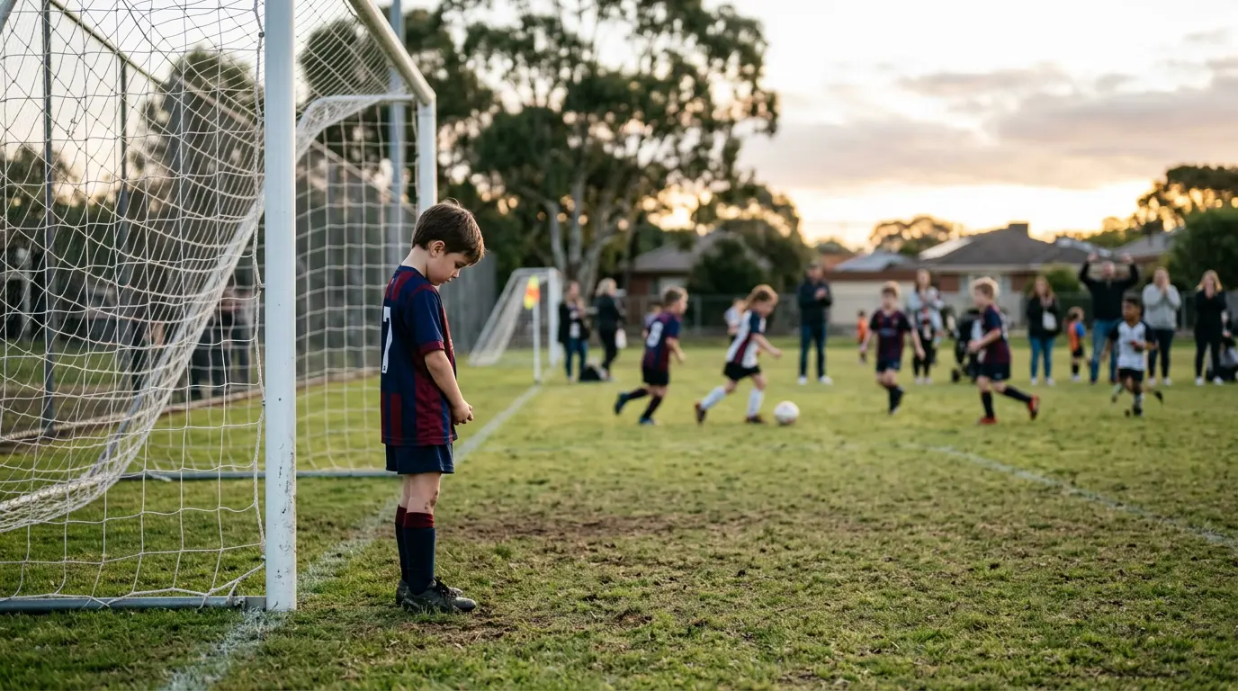 A child in football kit stands alone near a goalpost looking down, with other players blurred behind continuing play.