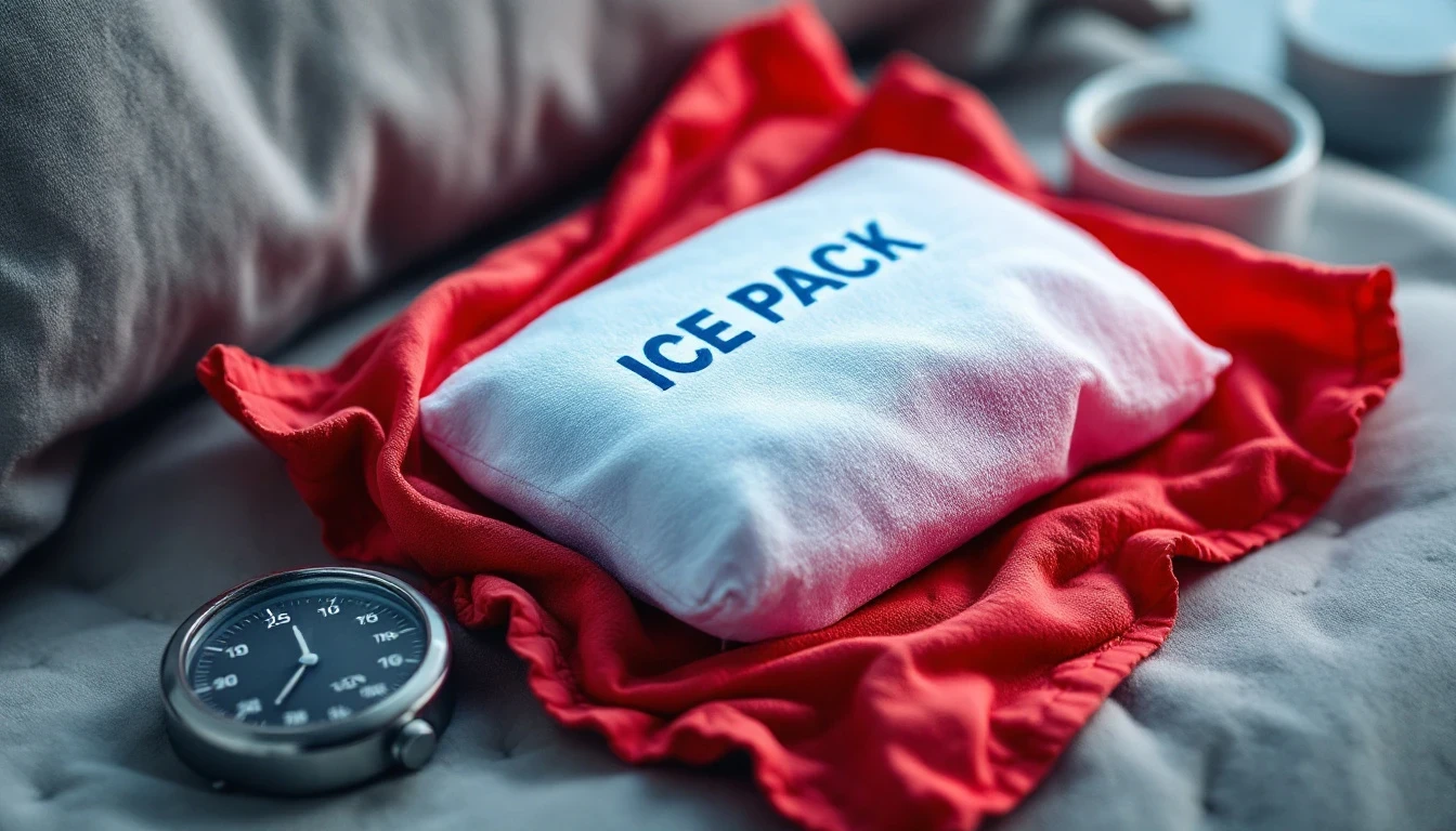 A clear ice pack wrapped in a grey tea towel resting on a cushioned surface beside a stopwatch showing fifteen minutes.