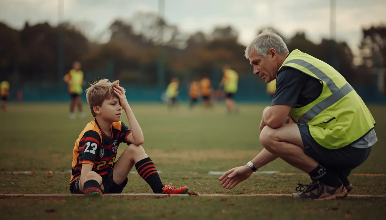 A junior football player sits on the grass at the sideline holding their head while a coach in a high-vis vest crouches in front of them checking on them after a knock.