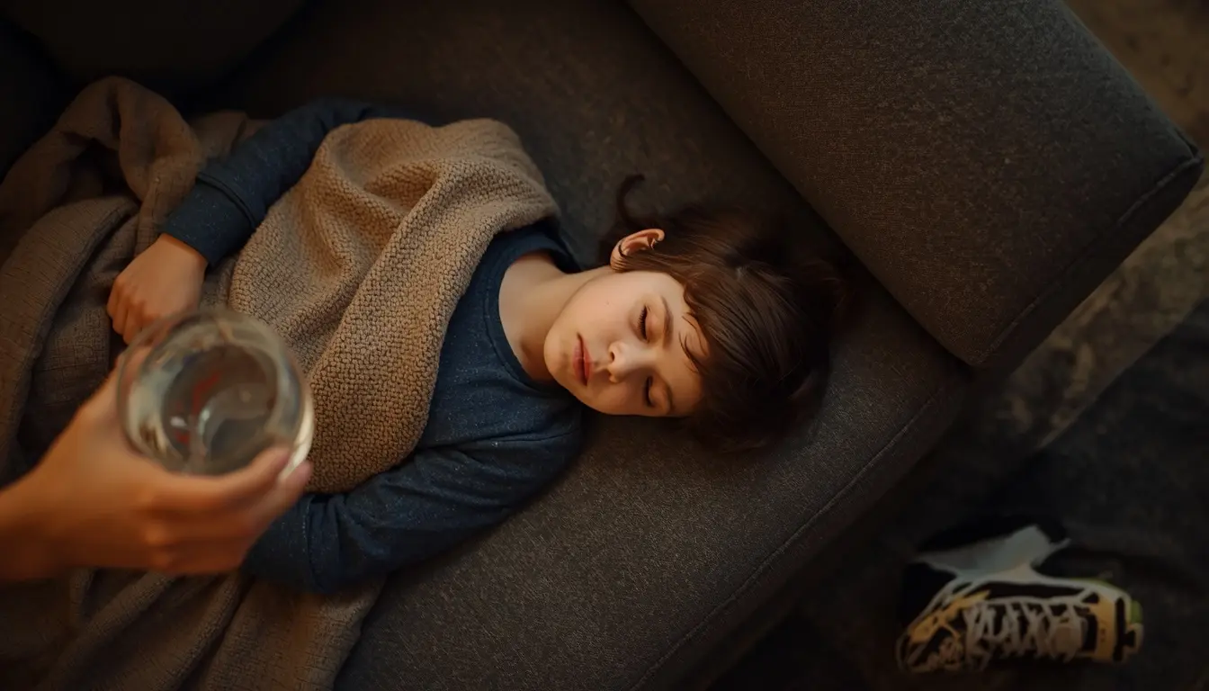 A child rests on a couch under a blanket at home in the early evening, with a parent placing a glass of water nearby and a football boot visible on the floor.