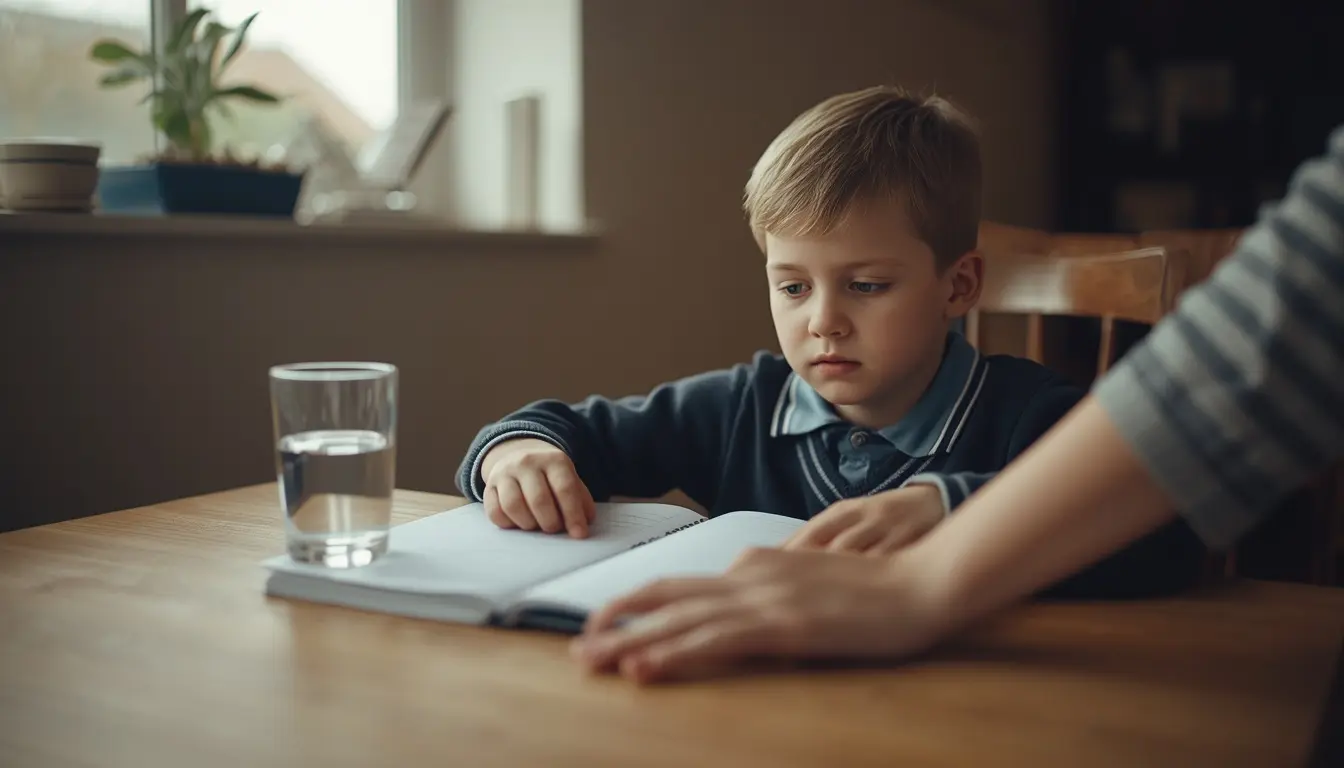 A child aged about 12 sitting at a school desk looking fatigued mid-lesson, head resting on one hand, classroom lighting muted to suggest concussion recovery.