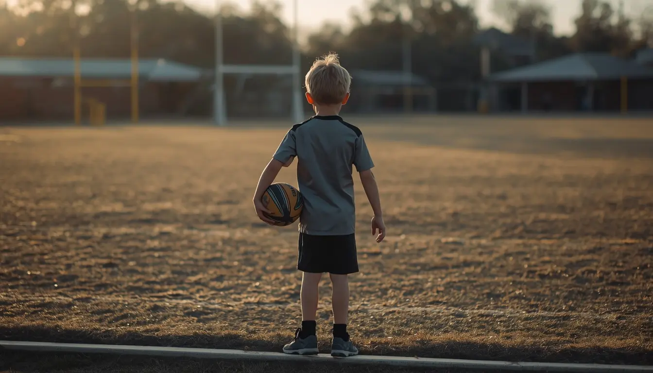 A child aged about 12 in football kit on the sideline of a community pitch watching teammates train, holding a water bottle, deliberately not playing.