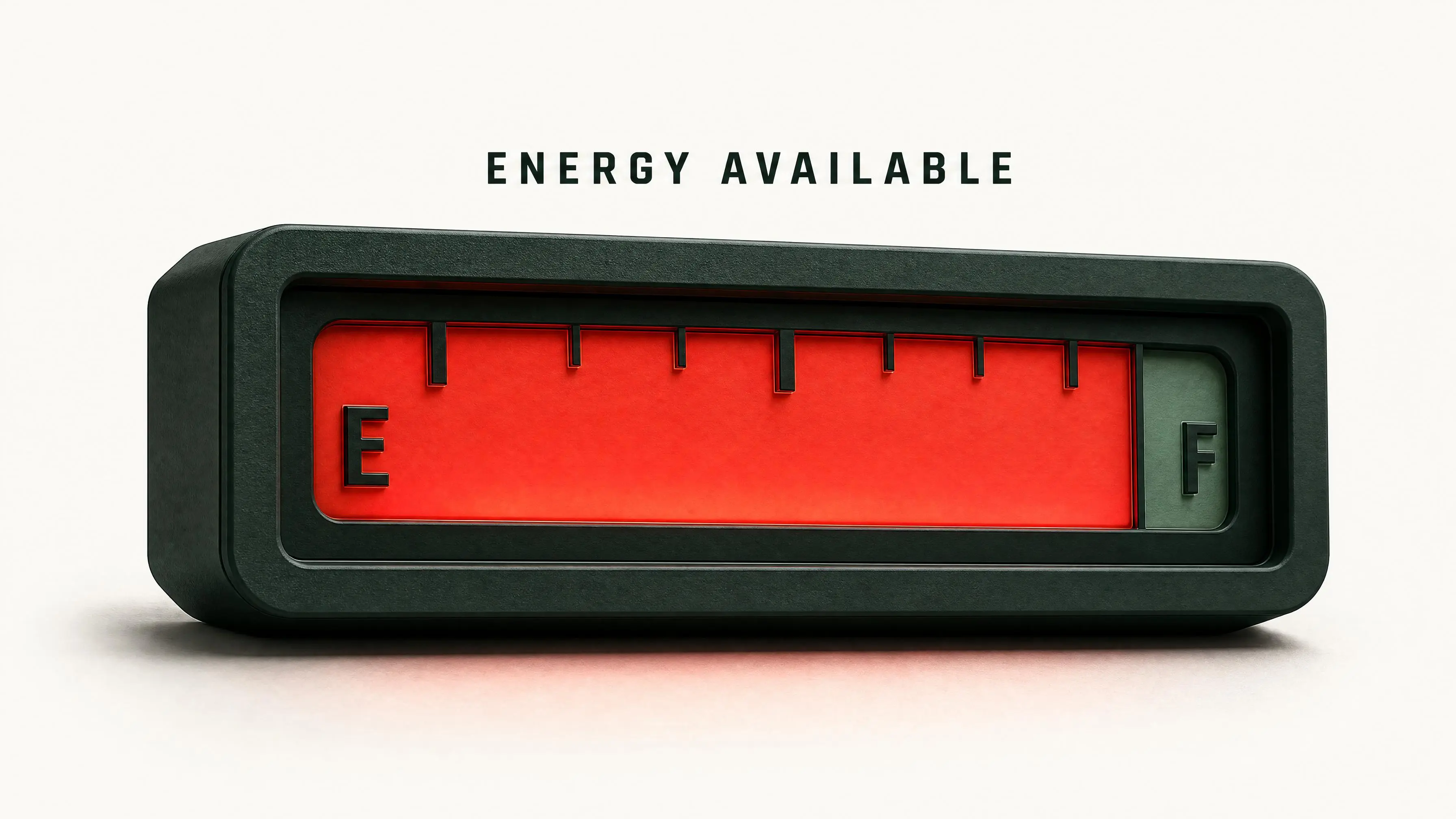 An almost-empty energy availability gauge depicted as an editorial poster, with the depleted portion shown in red against an off-white background.