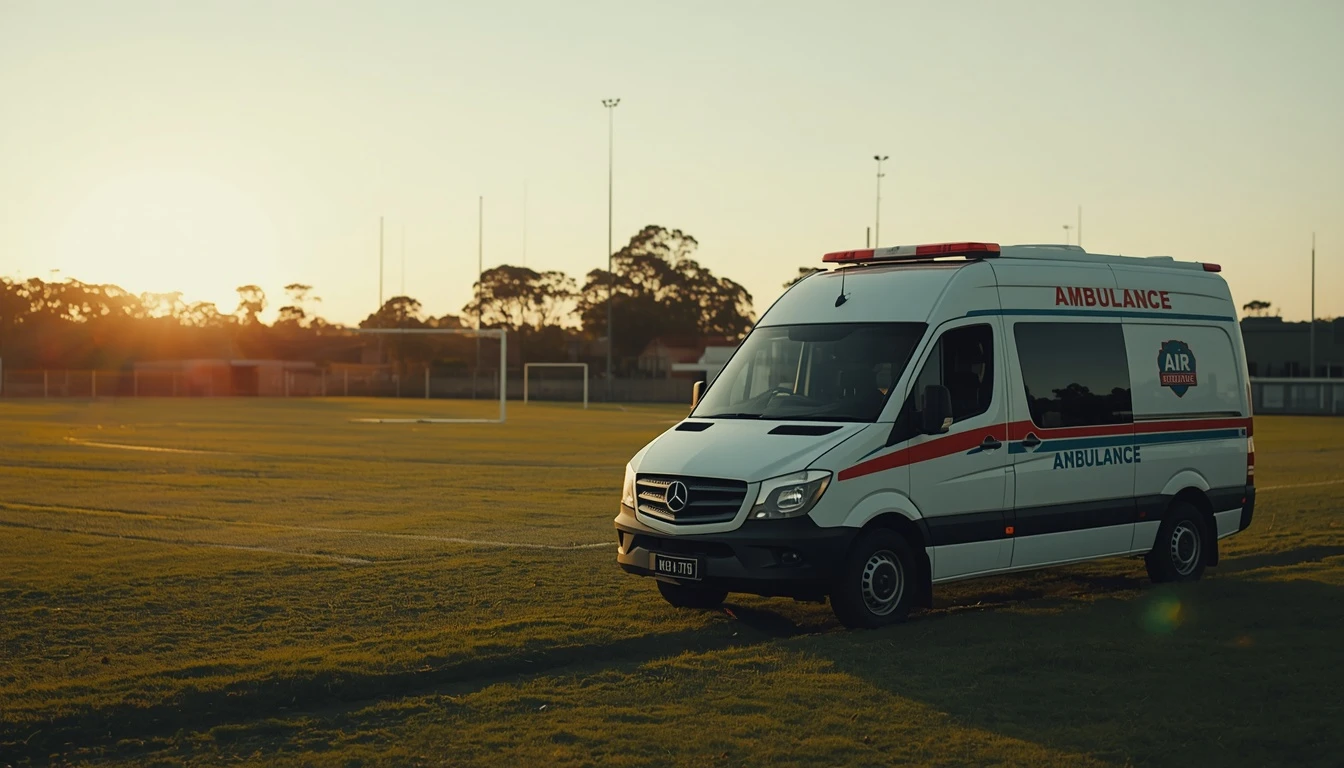 A community ambulance vehicle parked at the edge of a suburban football oval at golden hour, with goal posts visible in the background.