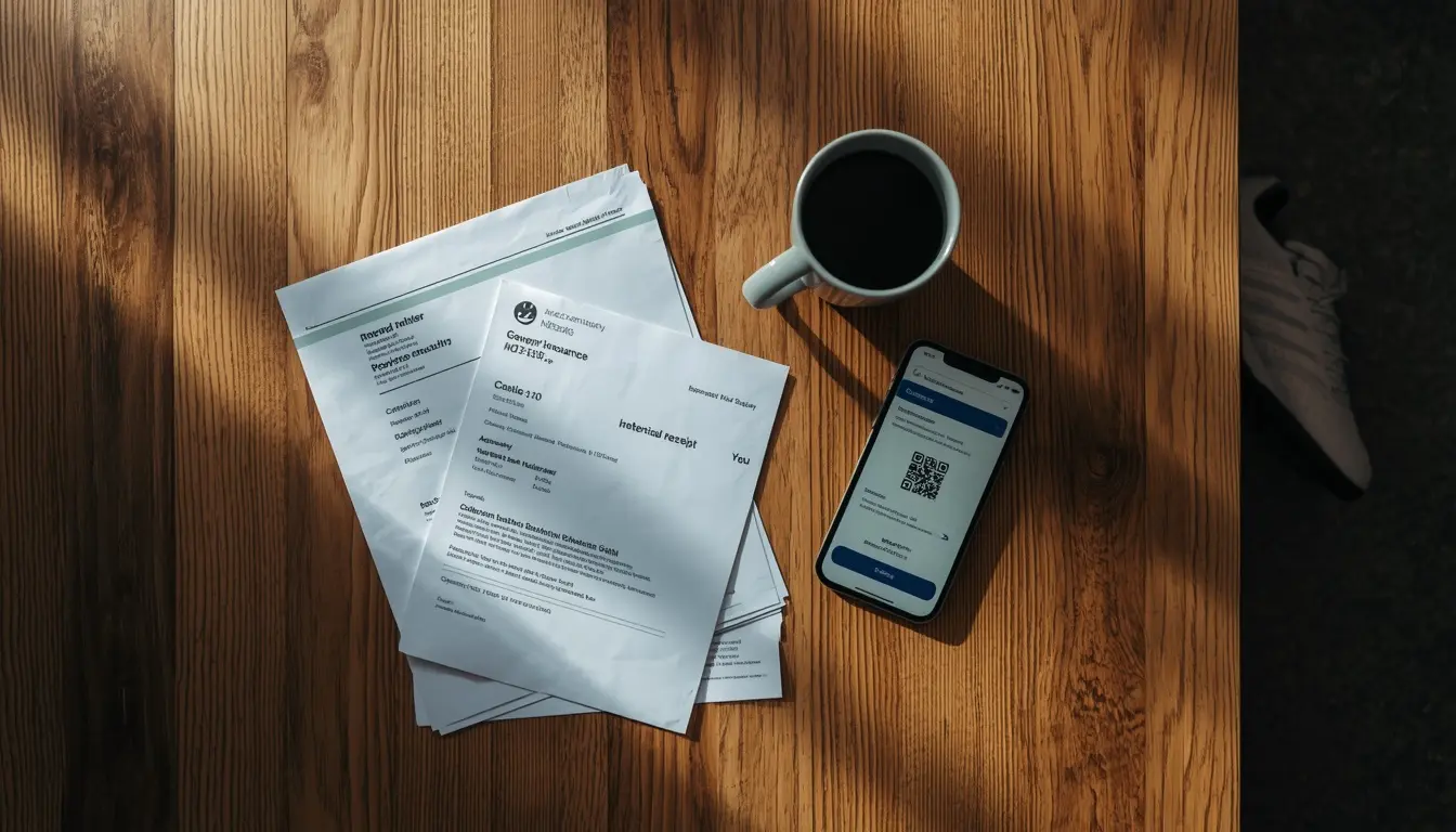 A flat-lay of medical paperwork, a phone showing a government services portal, a coffee mug, and a football boot on a wooden kitchen table after a junior football injury.