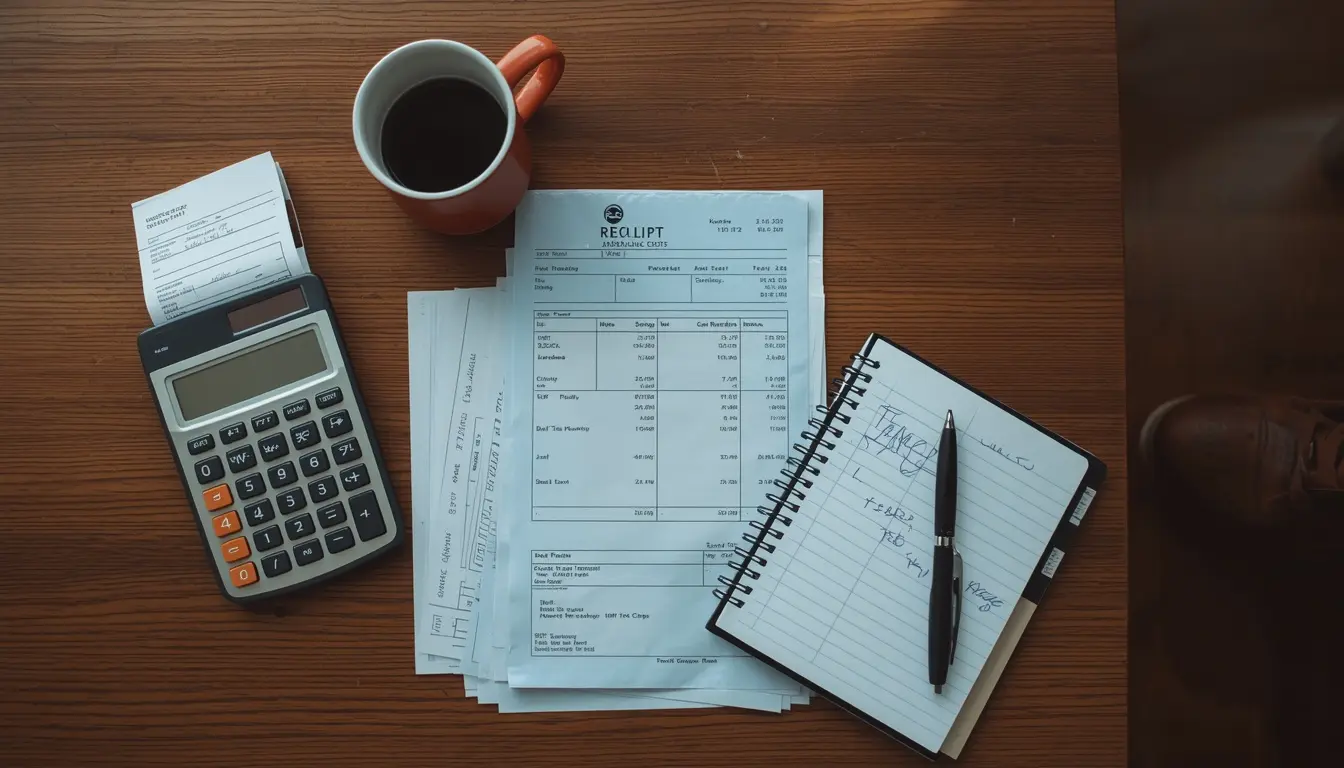 A flat-lay of medical receipts, a calculator, a notepad with handwritten figures, a coffee mug, and a football boot on a wooden kitchen table.
