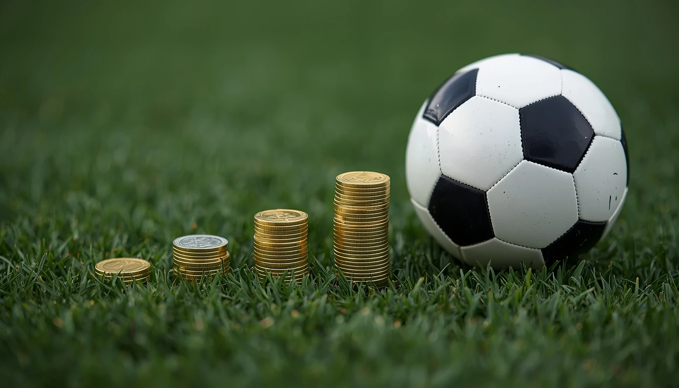 Four stacks of Australian coins of progressively different heights on green grass beside a soccer ball, illustrating the four-component breakdown of a junior football registration fee.