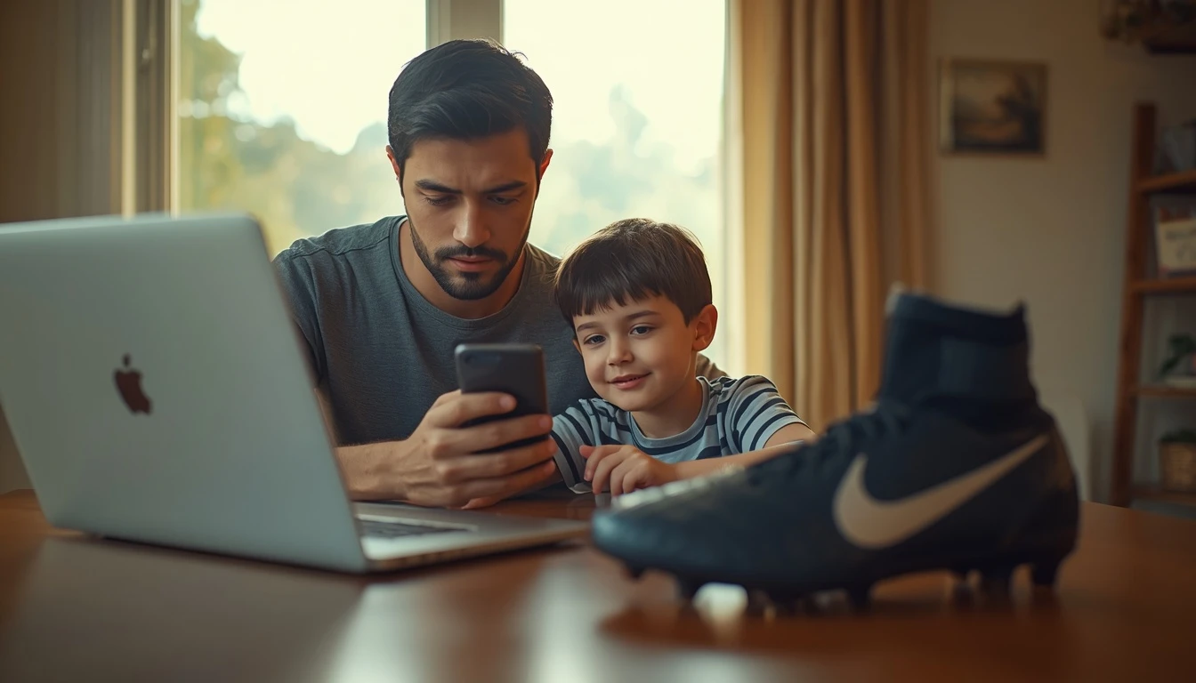 Parent and child at a kitchen table reviewing a phone, with a football boot and laptop nearby, in a warm afternoon Australian suburban home