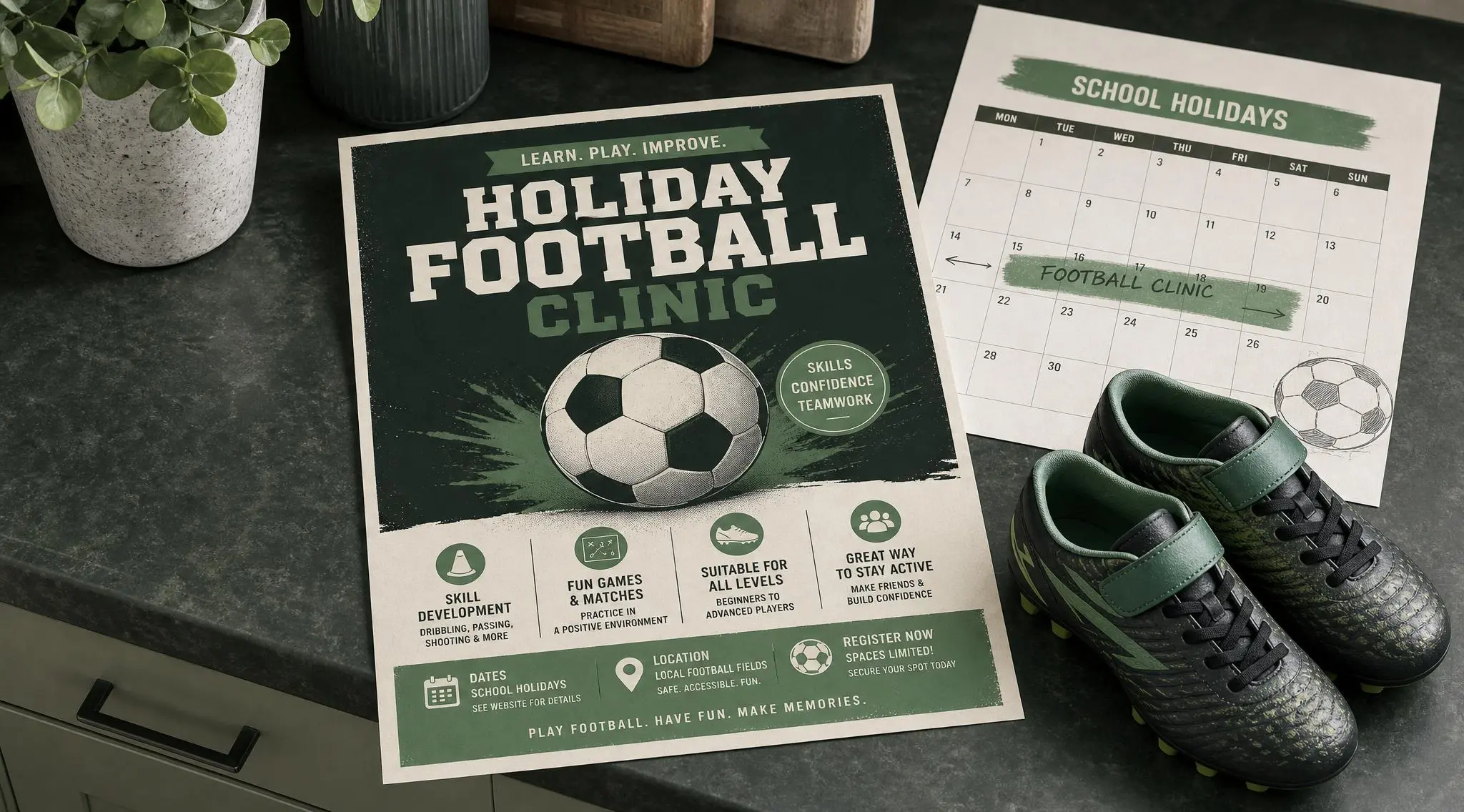 Illustration of a holiday football clinic flyer on a kitchen bench beside a school holiday calendar