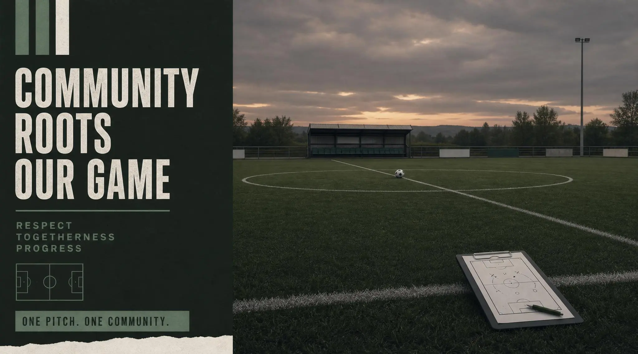 Illustration of an empty football pitch at dusk with a single ball at the centre circle and a clipboard on the touchline