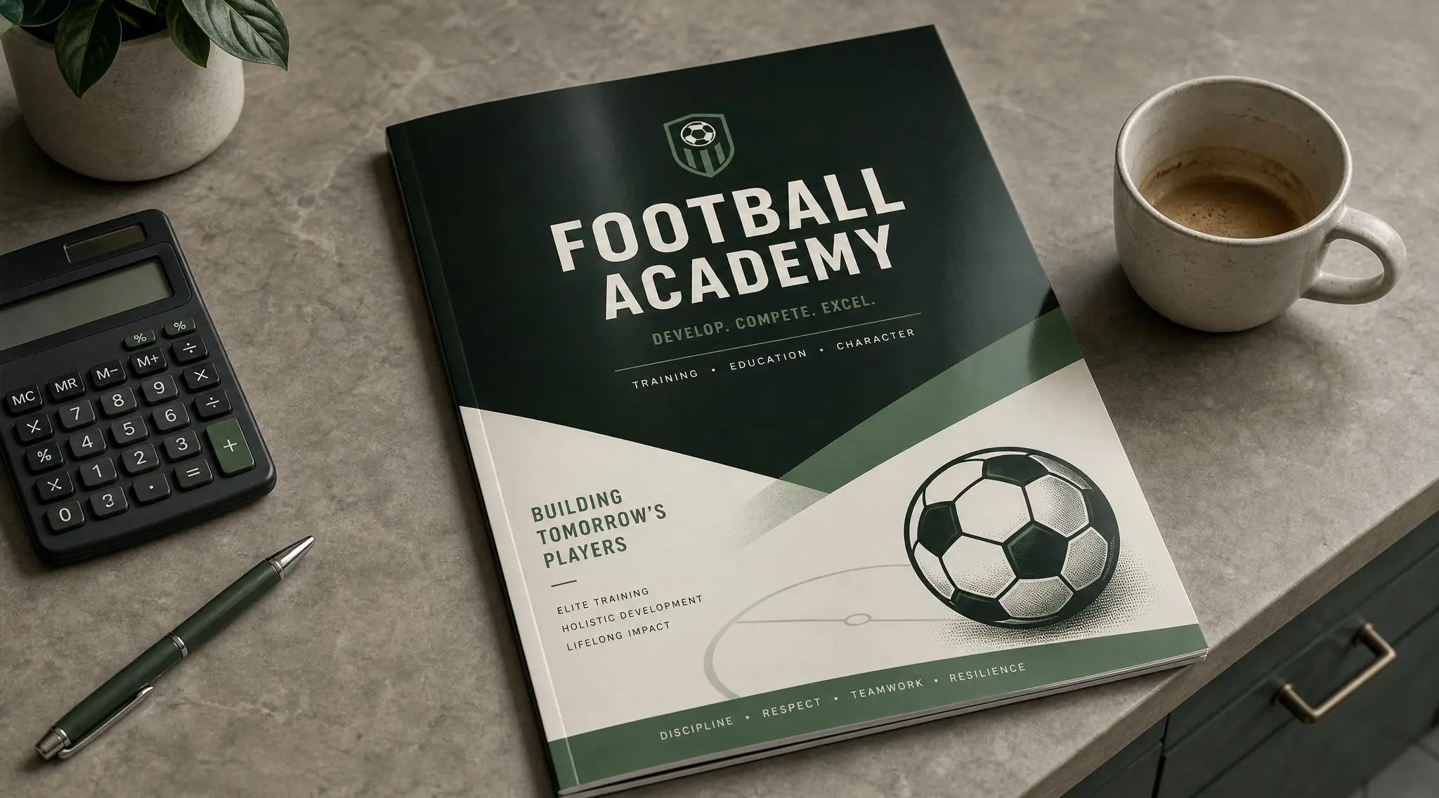 Illustration of a glossy academy brochure on a kitchen table beside a calculator and a half-finished cup of coffee